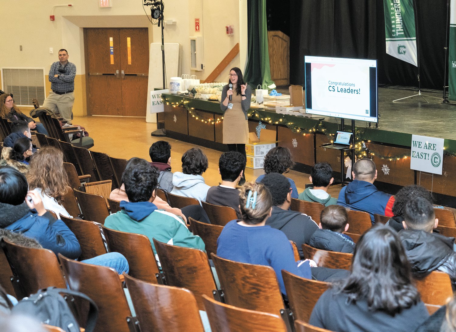 CONGRATS: Code.org's Director of Policy, Hannah Weissman, addressed and congratulated Cranston East students for becoming the benefactors of a $10,000 prize awarded by Code.org on Dec. 14. One elementary and one secondary school from each U.S. state and territory were chosen for this prize, which will help further computer science education for underrepresented students. Cranston East will be instituting a Computer Science CTE Pathway starting in the fall of 2023.
